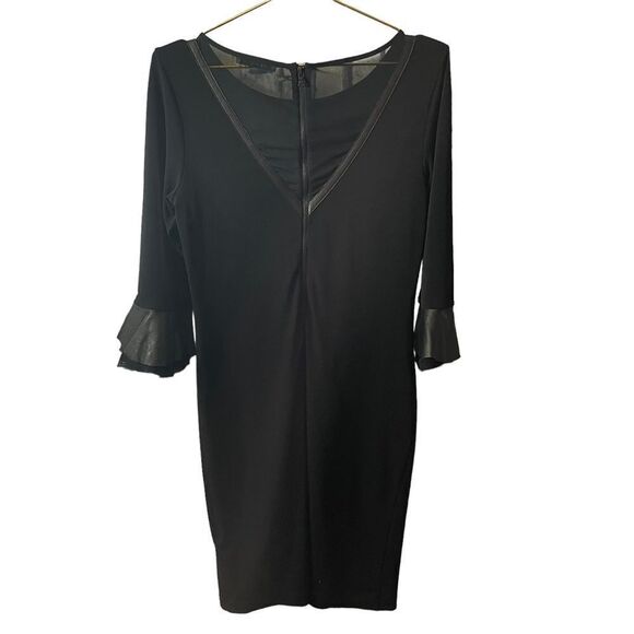 Alice & Olivia Black Lamb Leather Cuff Bell Sleeve Raw Edge Hem Dress Size L - Picture 7 of 12